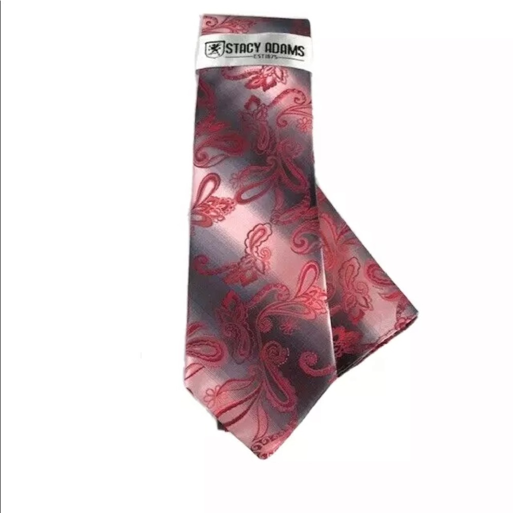 Stacy Adams Men's Tie Hanky Set Red Pink Silver Charcoal Gray Paisley 3.25" Wide